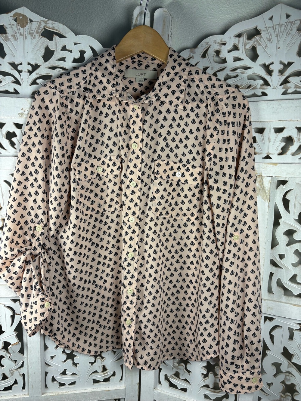 LOFT Peach Button-Down Shirt with Black Geometric Print